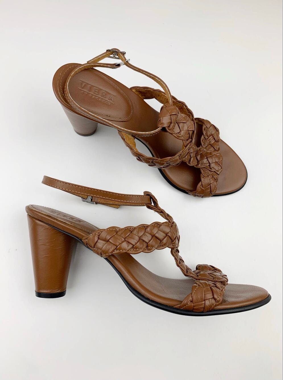 Viera by Ragazze Sandals Brown Leather Heels Braided Straps Women's 37 US 6.5